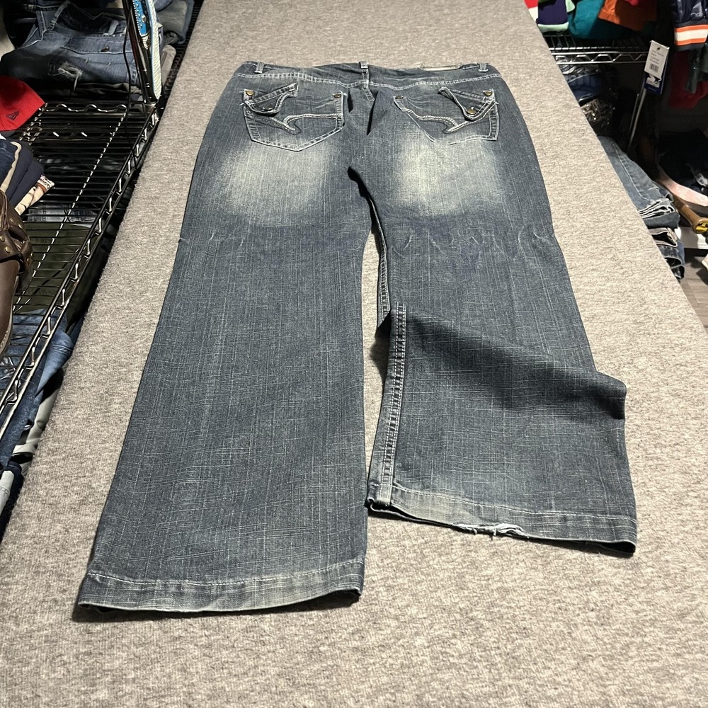 Indigo 30 Jeans Mens 38x34 Blue Med Wash Relaxed Wide Leg Embroidered Denim